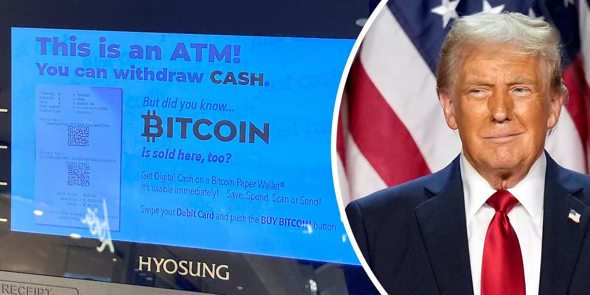 En bild på en uttagsautomat där det på skärmen står att du även kan köpa bitcoin, och en annan bild på en leende Donald Trump framför en amerikansk flagga.