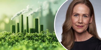 Gröna staplar som symboliserar hållbar industri framför fabrik med rök, bredvid porträtt av Ann-Kristin Sander, Nordenchef på IFS