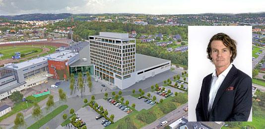 Illustration som visar den planerade hotell- och mässanläggningen vid Åbytravet i Mölndal söder om Göteborg. Foto: Mynewsdesk & Klövern Obs: Bilden är ett montage