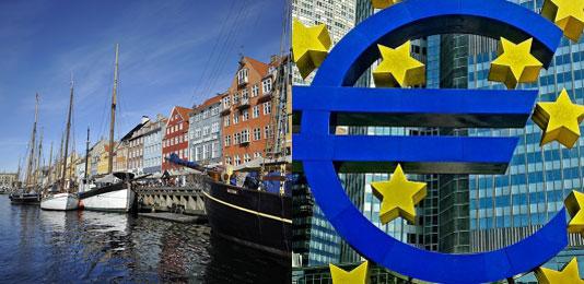 Nyhavn i Köpenhamn till höger och euro-symbolen utanför Europeiska centralbanken i Frankfurt. Foto: Pixabay