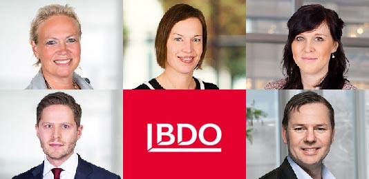 Margareta Kleberg,Sara Andrén, Sarah Backlund, Christian Svetlik och Thony Hannell är alla nya partners på BDO. Foto: BDO.