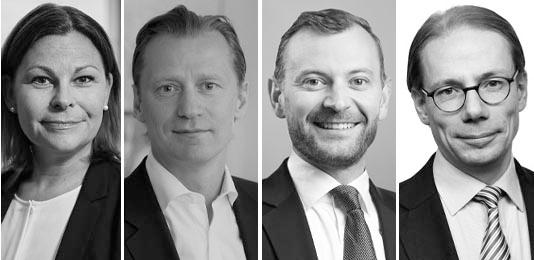 I fredagspanelen: Magdalena Hartman (NGM), Johan Lindén (ABG Sundal Collier), Johan Flintull (Carnegie) och Carl Montalvo (SEB). Foto (montage): Respektive företag.