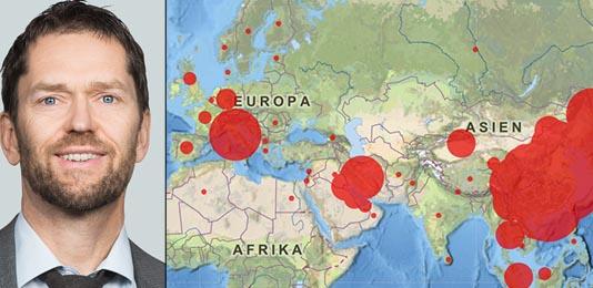 Danske Banks kreditmarknadschef Louis Landeman ser att obligationsmarknaden tappar fart på grund av corona. Foto (collage): Danske Bank/John Hopkins (CSSE).