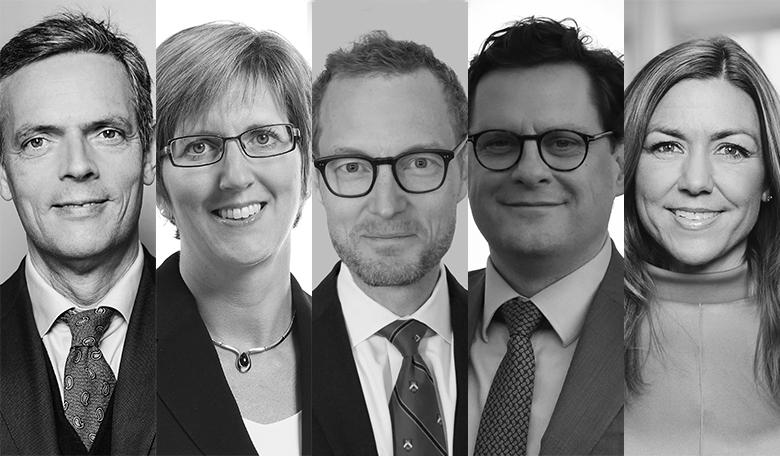 I panelen: Bjarne Schieldrop (SEB), Helena Haraldsson (Carnegie Private Banking),Claes Måhlén (Handelsbanken), Samuel Ciszuk (ELS Analysis) och Thina Margrethe Saltvedt (Nordea). Foto: Respektive företag.