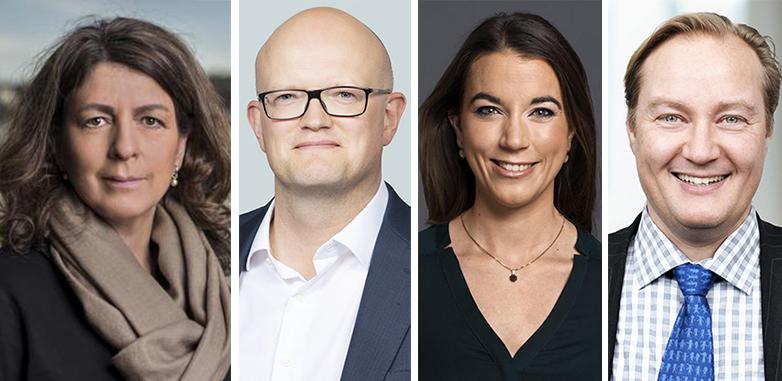 Bettina Kashefi, chefsekonom (Svenskt Näringsliv), Roger Josefsson, hållbarhetschef (Danske Bank), Johanna Kull, hållbarhetschef, (Avanza) och Christopher Flensborg, chef för klimat & hållbar ekonomi, (SEB). Foto: Respektive företag