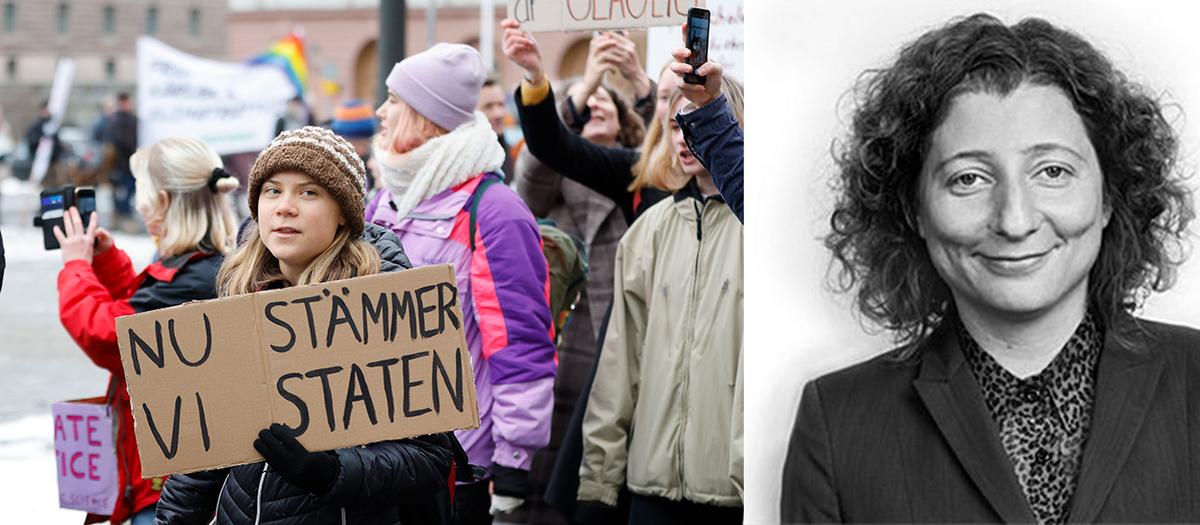 Greta Thunberg under den klimatdemonstration i Stockholm som den ungdomsledda organisationen Auroras gjorde inför inlämning av sin stämningsansökan mot staten för deras bristande klimatarbete. Ombud för stämningen är Anna Rogalska Hedlund. Foto: Christine Ohlsson / TT