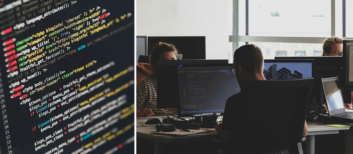 En bild på en datorskärm med kod och en bild på människor som sitter framför sina datorer i ett kontorslandskap.