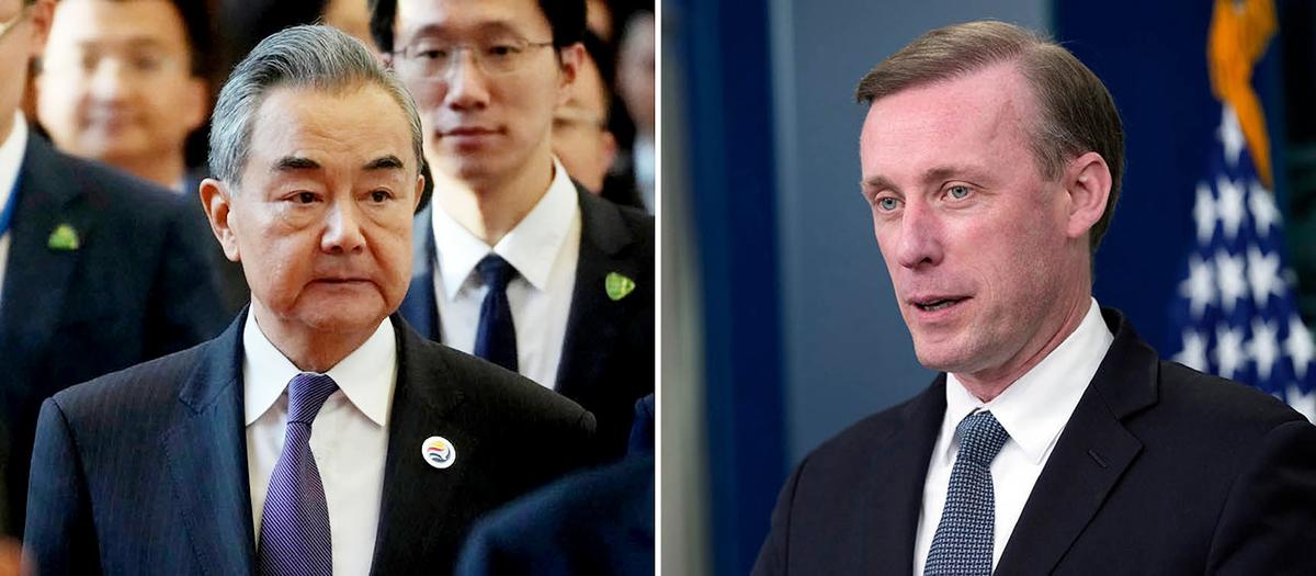 En bild på Kinas utrikesminister Wang Yi och en bild på USA:s nationella säkerhetsrådgivare, Jake Sullivan.