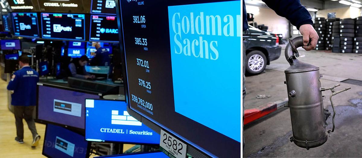 En bild på Goldman Sachs logotyp som syns på en skärm inne på New York-börsen och en bild på en katalysator.