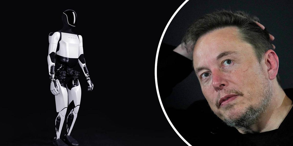 En bild på den humanoida roboten Optimus mot en svart bakgrund och en annan bild på Elon Musk. Roboten är vit med svarta detaljer och har en mänsklig form. Men roboten har inget människoliknande ansikte, utan istället något som liknar ett mörkt visir.