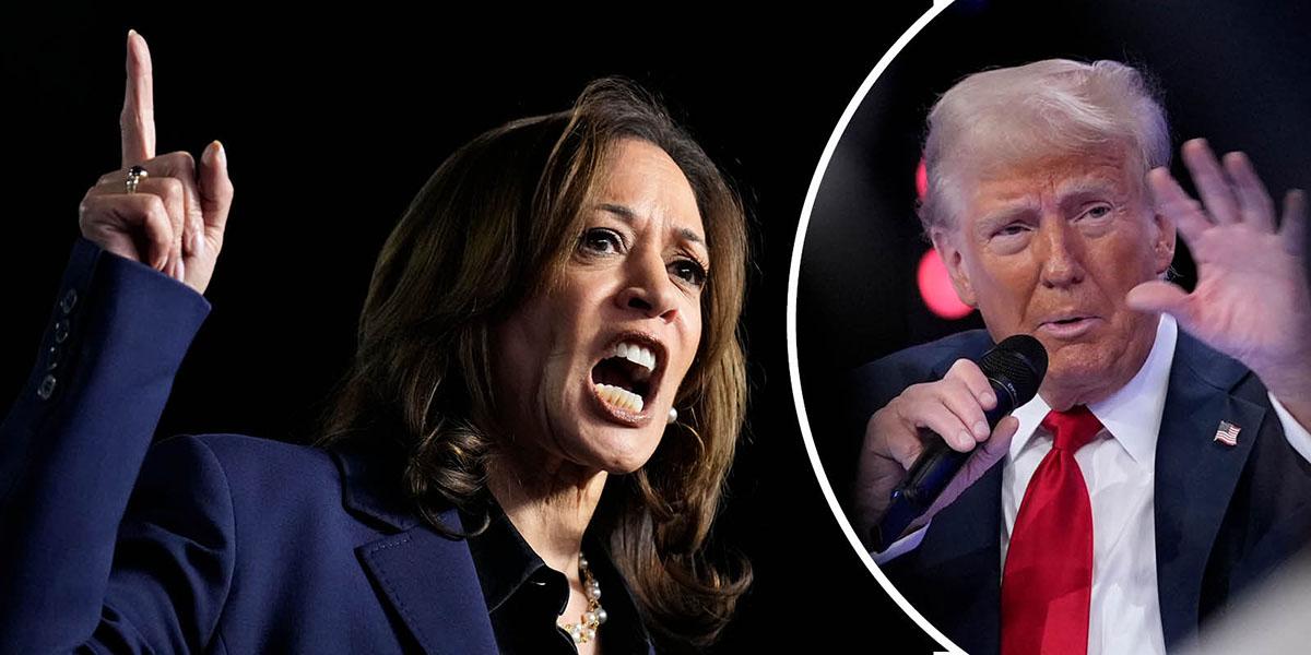 En bild på en gestikulerande Kamala Harris under ett uppträdande och en annan bild på en gestikulerande Donald Trump under ett uppträdande.