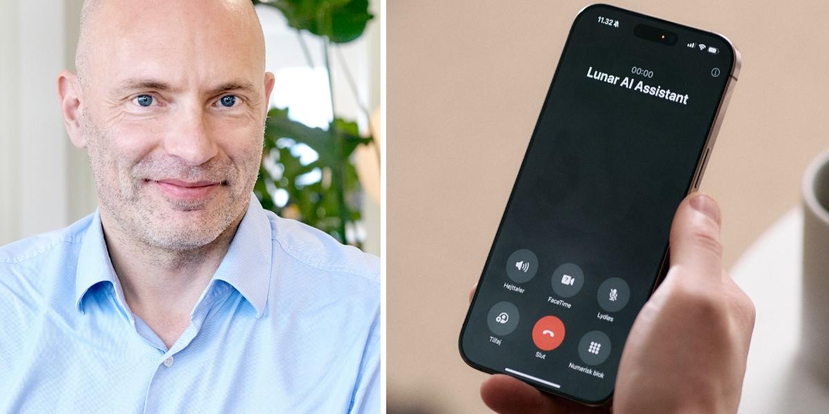 Splitbild på Kåre Kjelstrøm, Lunars CTO, och bankens AI-assistent i mobilen.