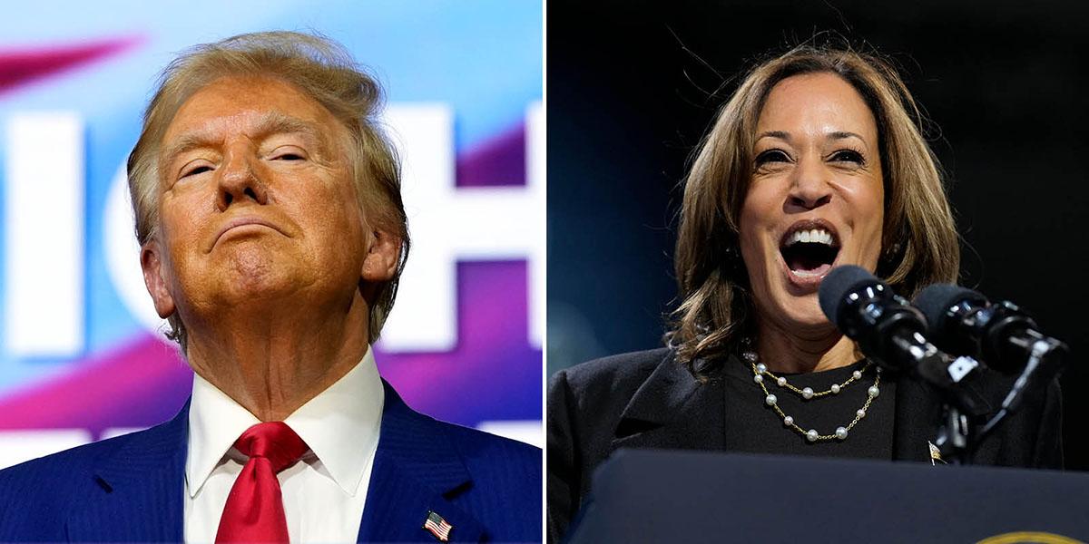 En bild på Donald Trump och en annan bild på Kamala Harris.