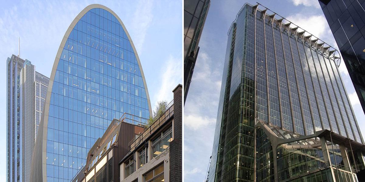 En bild som visar två ikoniska byggnader i London. Kontorshuset Can of Ham från 2019 och skyskrapan Citypoint från 1967. Can of Ham har en stor glasfasad och en rundad överdel. Skyskrapan Citypoint har också glasfasader, men formen är mera traditionellt rektangulär.