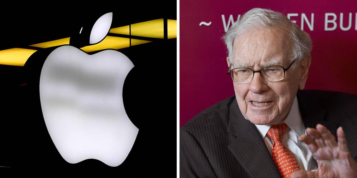 En bild på företaget Apples logotype och en bild på Warren Buffet.