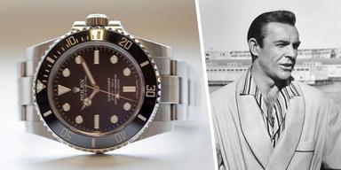 En bild på Rolex ikoniska dykklocka Submariner, och en svartvit bild på skådespelaren Sean Connery när han var ung.