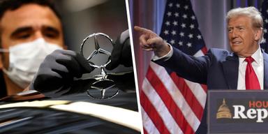 En man monterar ett emblem på motorhuven på en Mercedes.En annan bild på Donald Trump som står i en talarstol och pekar med högerhanden.