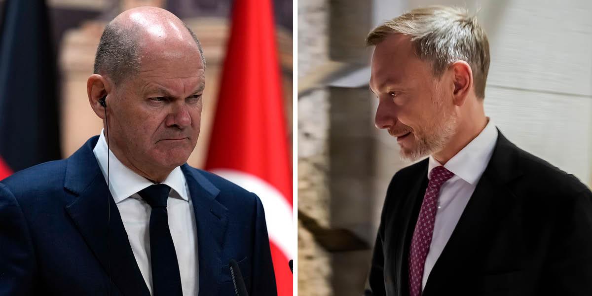 En bild på Tysklands förbundskansler Olaf Scholz och en bild på den nyss sparkade finansministern, Christian Lindner. Båda männen ser allvarliga ut.