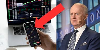 En bild på en dator och en telefon med en finansapp på skärmen, och en bild på Finansinspektionens generaldirektör Daniel Barr.