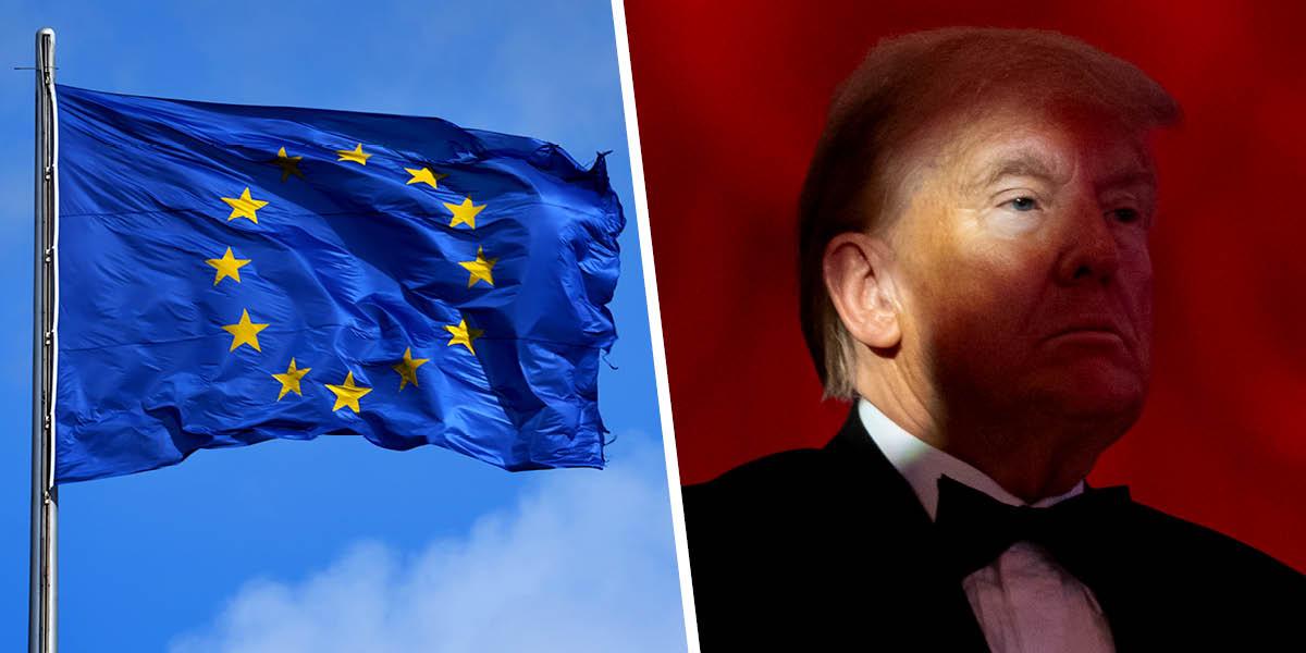 En bild på EU:s unionsflagga och en bild på Donald Trump