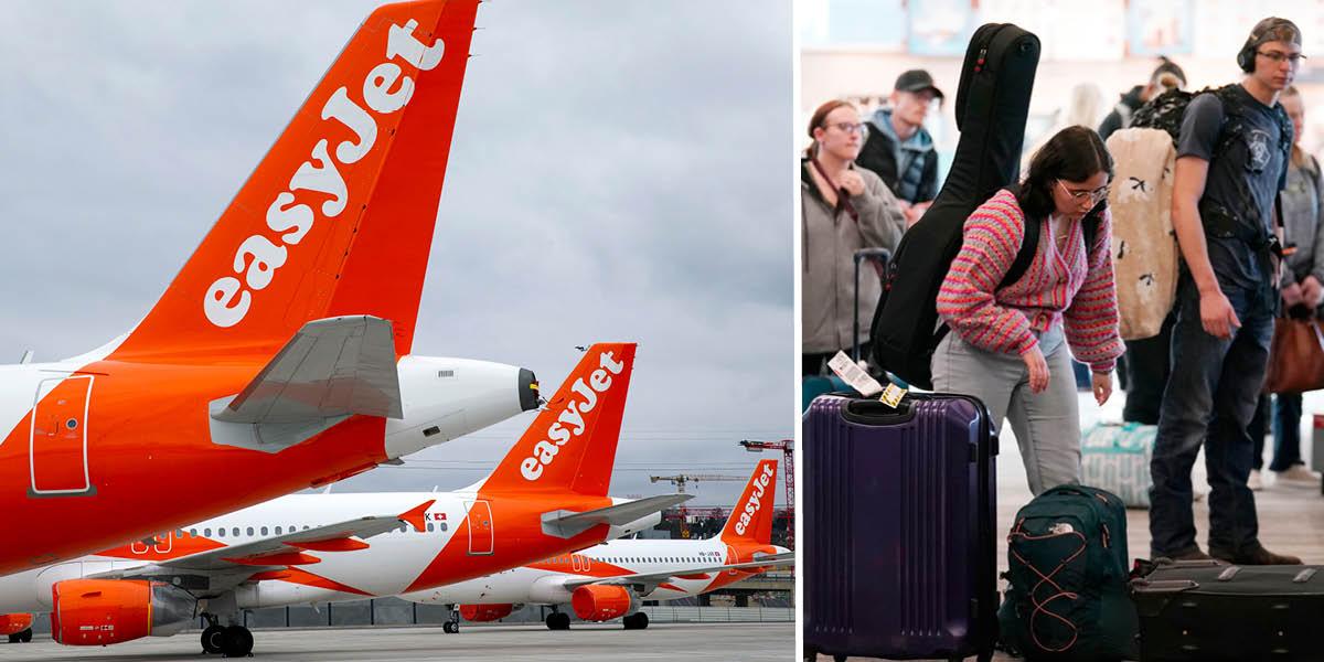 En bild på flyplan från bolaget EasyJet och en annan bild på passagerare vid bagageupphämtning på en flygplats.