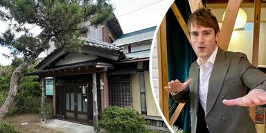 En bild på ett övergivet och nedgånget bostadshus i Japan och en bild på influencern och fastighetsinvesteraren och Anton Wörmann i ett av sina hus.