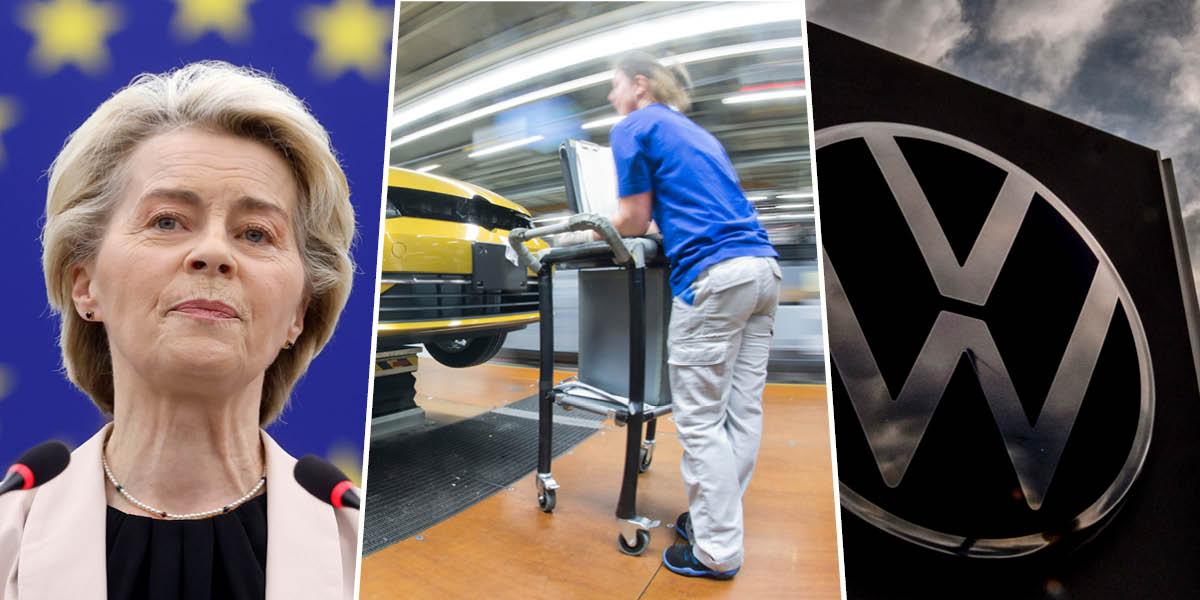 En bild på EU-kommissionens ordförande Ursula von der Leyen, en annan bild på en kvinna som jobbar i en bilfabrik och en tredje bild på en skylt med biltillverkaren Volkswagens logga.