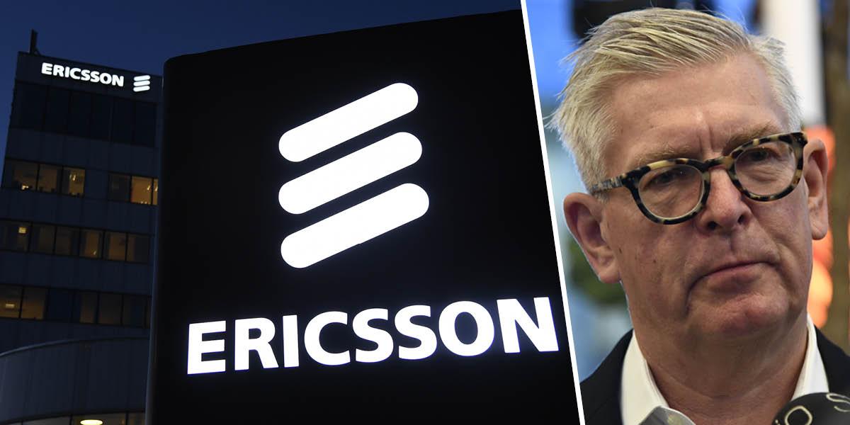 En bild på Ericssons lysande logotyp på en husfasad och en bild på företagets vd Börje Ekholm.