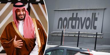 En bild på Saudiarabiens kronprins Mohammed bin Salman och en annan bild på en skylt med batteriföretaget Northvolts logga på en husfasad.