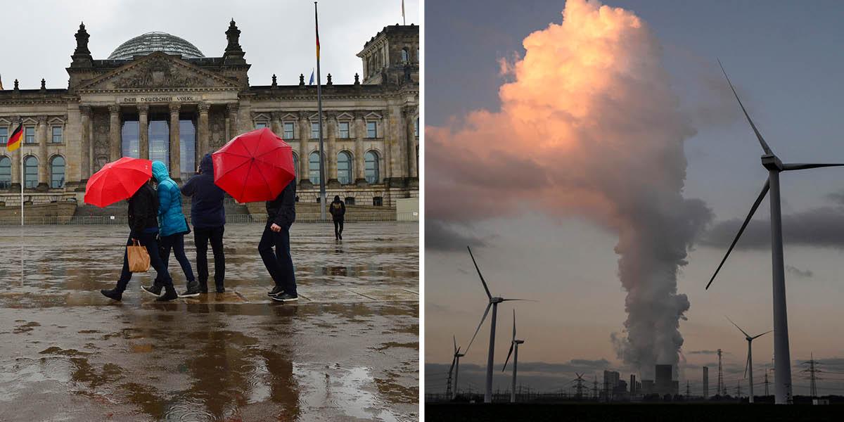 En bild på människor med paraplyer utanför förbundsdagen i Berlin. Och en bild på vindkraftverk och rök från ett kolkraftverk i bakgrunden.