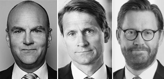 Jörgen Eklund, advokat och partner, Wistrand, Manfred Löfvenhaft, managing partner, Gernandt & Danielsson, samt Pontus Enquist, chef för Stockholmskontoret och partner på Roschier. Foto: Respektive företag.