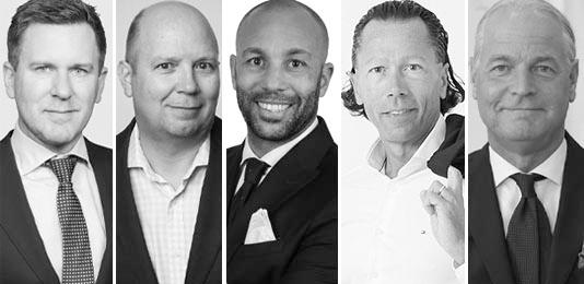 Petter Löfqvist (Danske Bank), Johan Ståhl (Lannebo), Sean George (Strukturinvest Fondkomission), Eric Strand (AU/AG fonder) samt Jonas Andersson (Carnegie). Foto: Respektive företag.