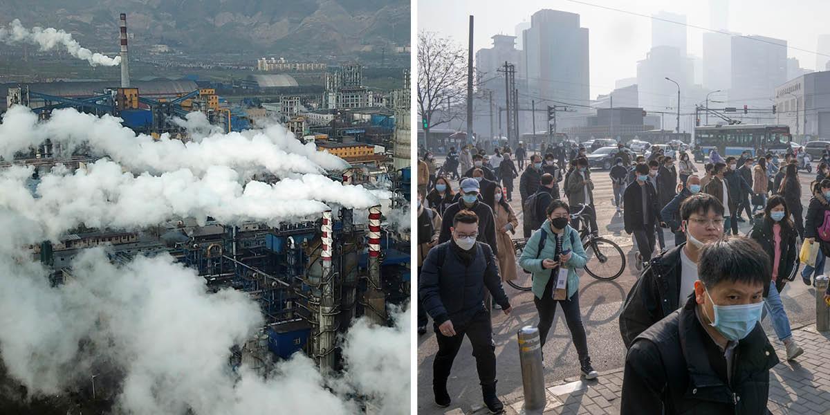 En bild på skorstenar från ett kolkraftverk som släpper ut rök och en annan bild på människor i en storstad där luften tjock av föroreningar.