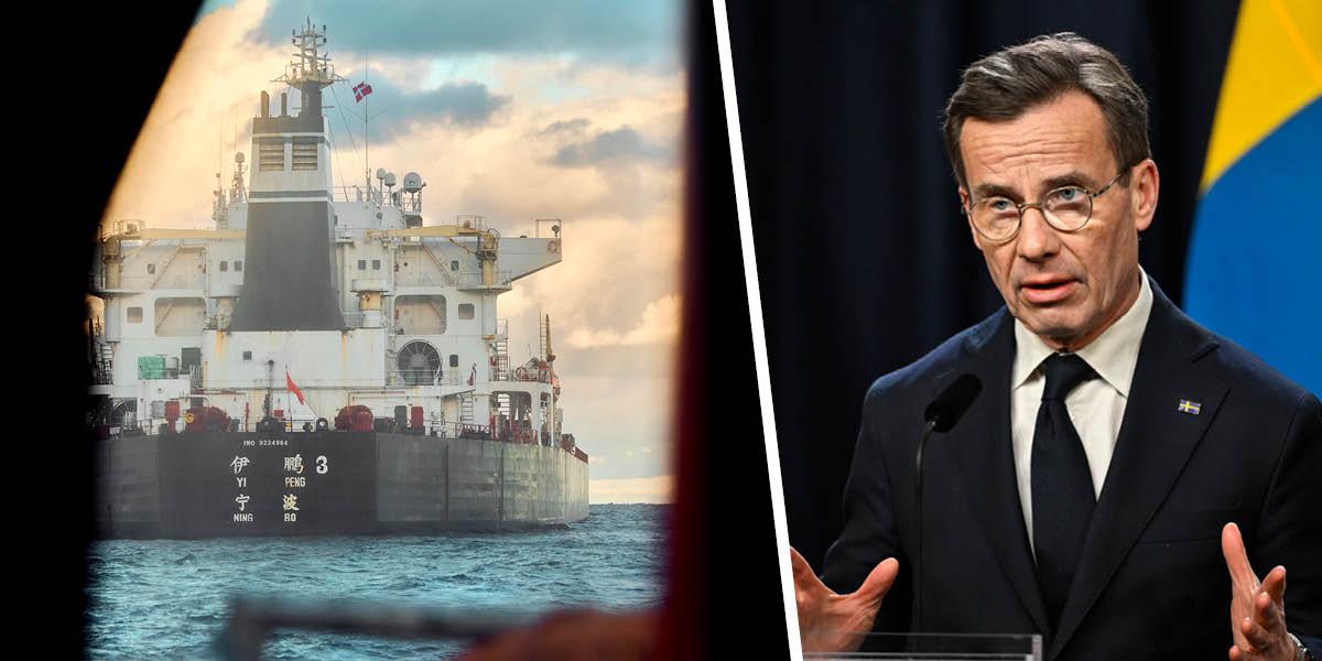 En bild på det Kinesiska fraktfartyget Yi Peng 3 och en bild på Sveriges statsminister, Ulf Kristersson.