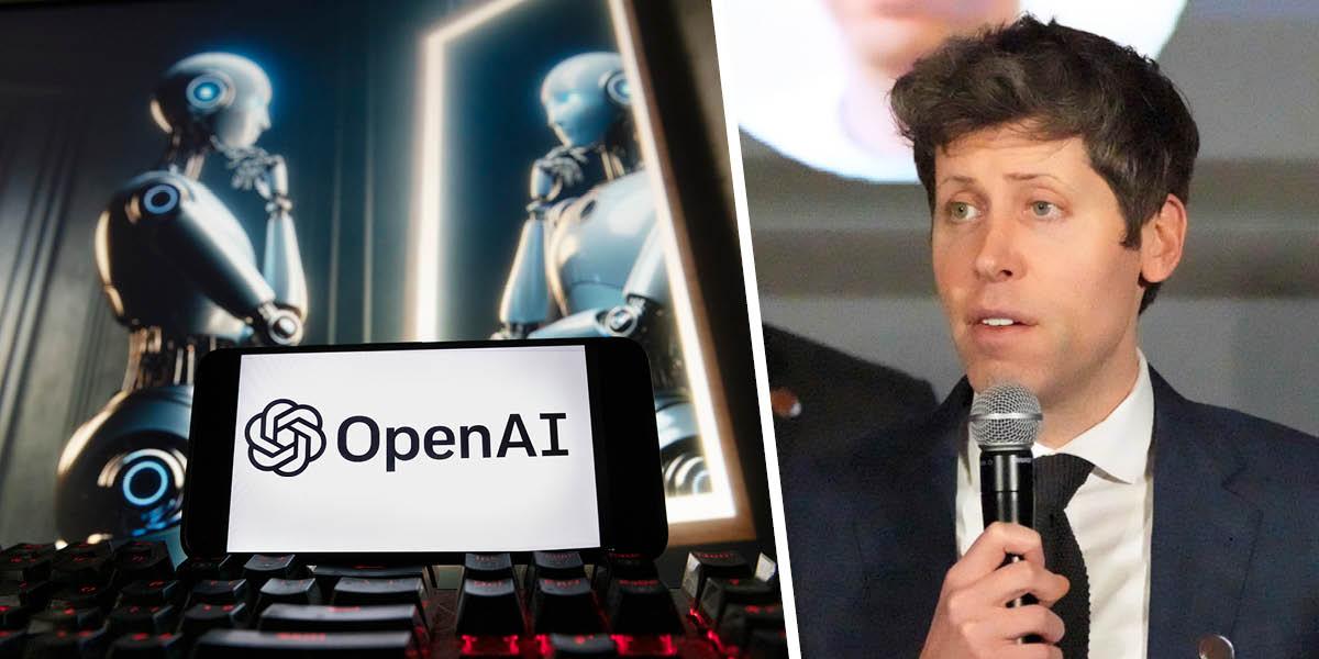 En bild på Open AI:s logotyp som visas på en mobiltelefon. I bakgrunden syns en datorskärm med en AI-genererad bild som föreställer en kvinnlig robotliknande gestalt som tittar på sig själv i en spegel. En annan bild på Open AI:s vd, Sam Altman.