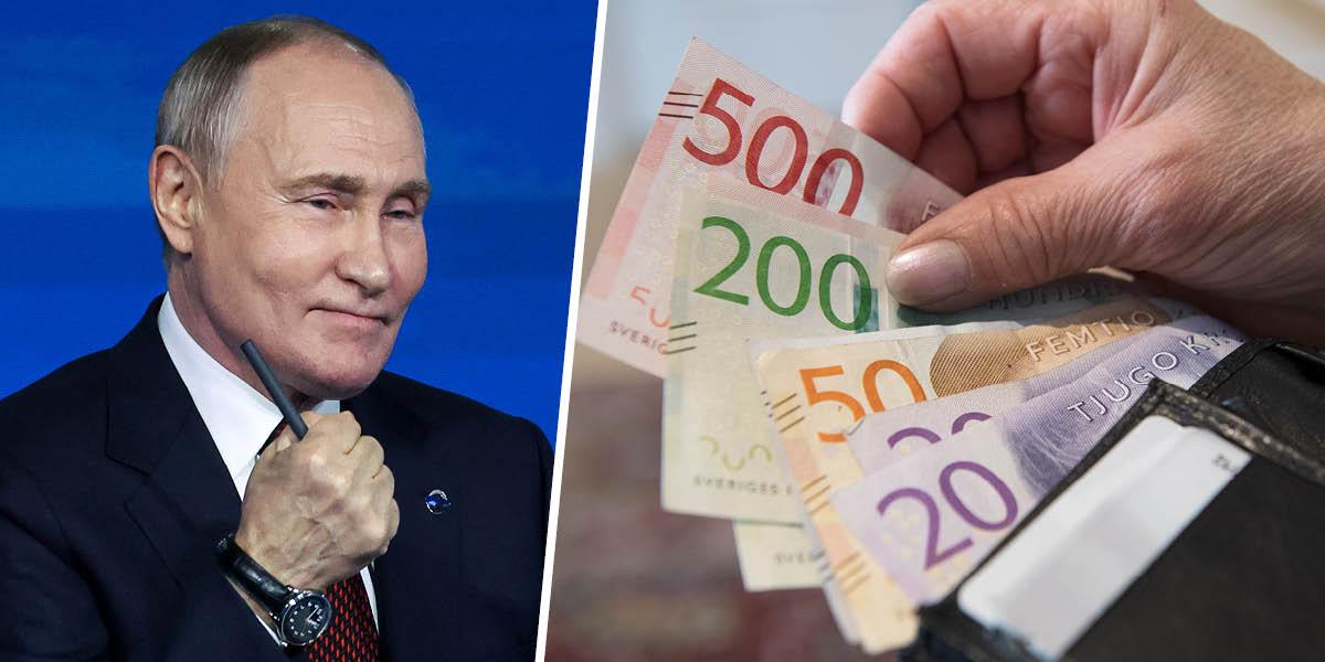 En bild på Rysslands president Vladimir Putin och en bild på någon som håller i svenska sedlar.