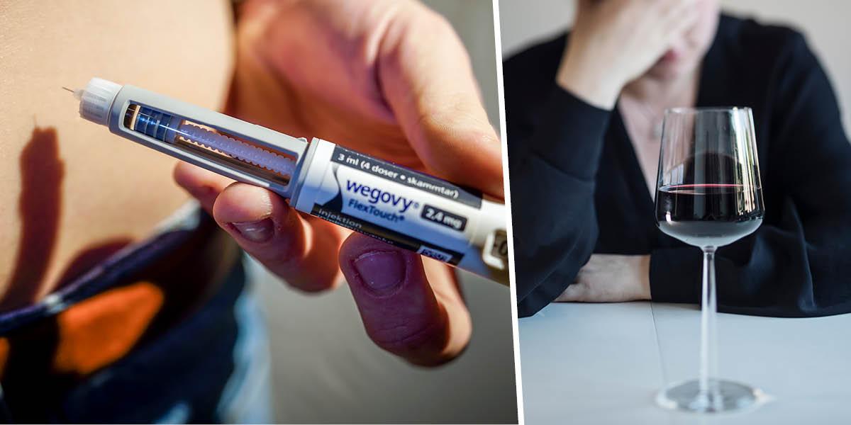 En bild på en person som injicerar läkemedel med en spruta i bukfettet. En annan bild på en kvinna med ett vinglas.