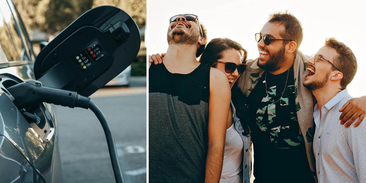 En bild på en elbil som laddas och en annan bild på glada personer i en grupp.