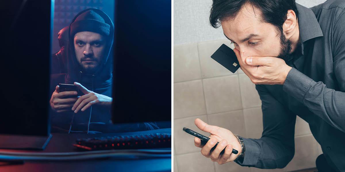 En bild på man med hoodie som sitter framför två datorskärmar. En annan bild på en man som chockad tittar på sin telefon.